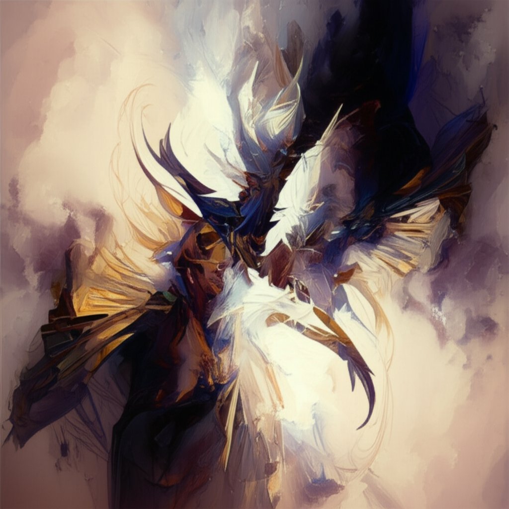 abstract hybrid entity blending demonic and angelic elements symbolizing unique identities
