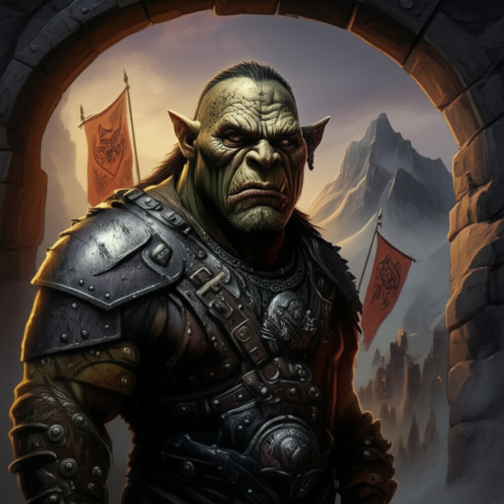an elder scrolls orc at a stronghold reflecting authentic orc naming conventions