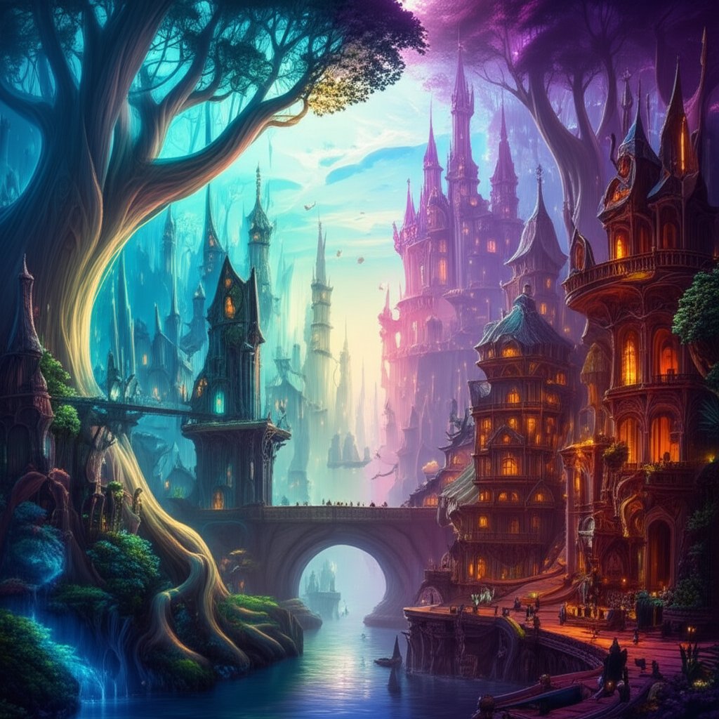 elven and human fantasy cities each reflecting their unique cultural and architectural styles