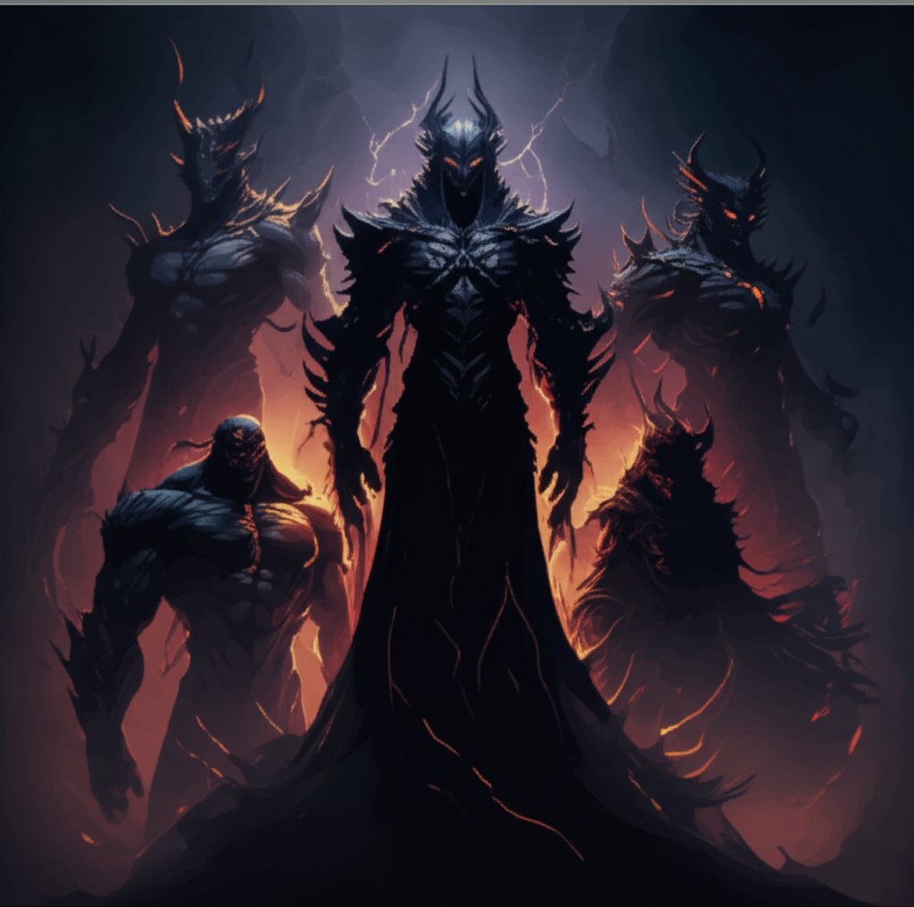imposing male demon silhouettes representing different powerful archetypes