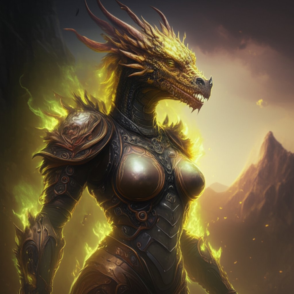 powerful female dragonborn hero with elemental motifs