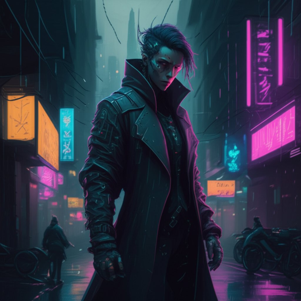 a cyberpunk character in a neon lit alley symbolizing the creation of a street name