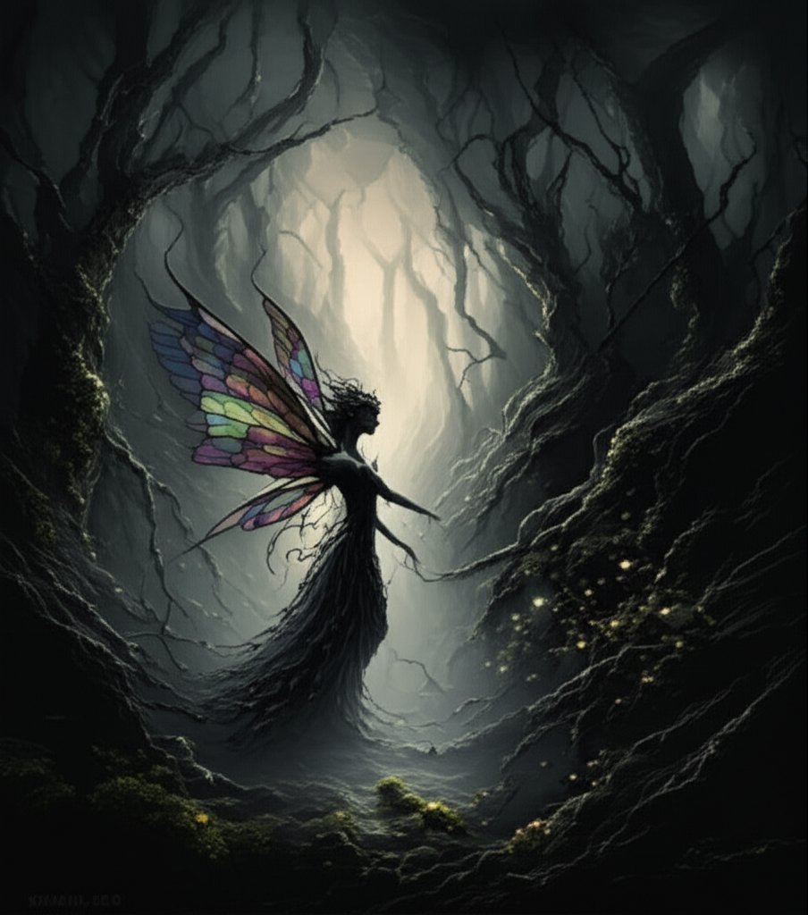 a dark fairy archetype emerging from a shadowy enchanted forest