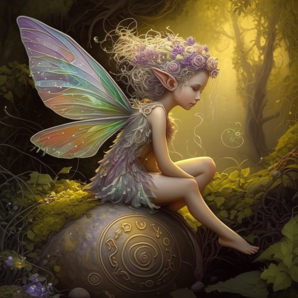 a fairy reflecting on meaningful names amid ancient natural symbols