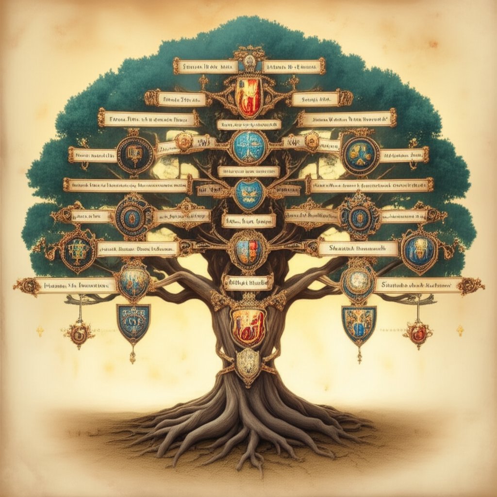 a fantasy noble family tree with surnames and titles