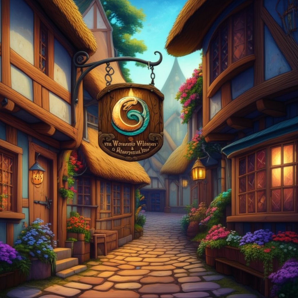 a fantasy tavern sign displaying a memorable name set in a magical village