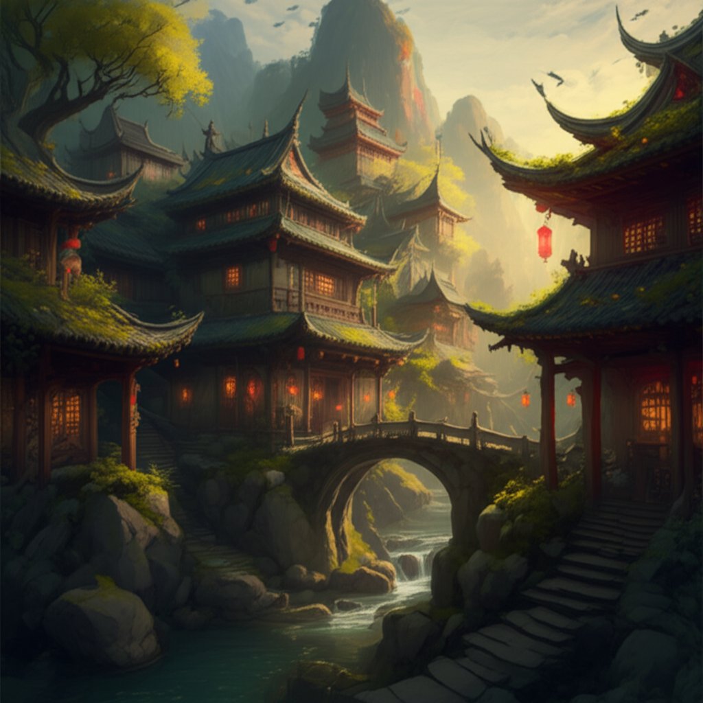 a fantasy village scene inspired by east asian cultural elements