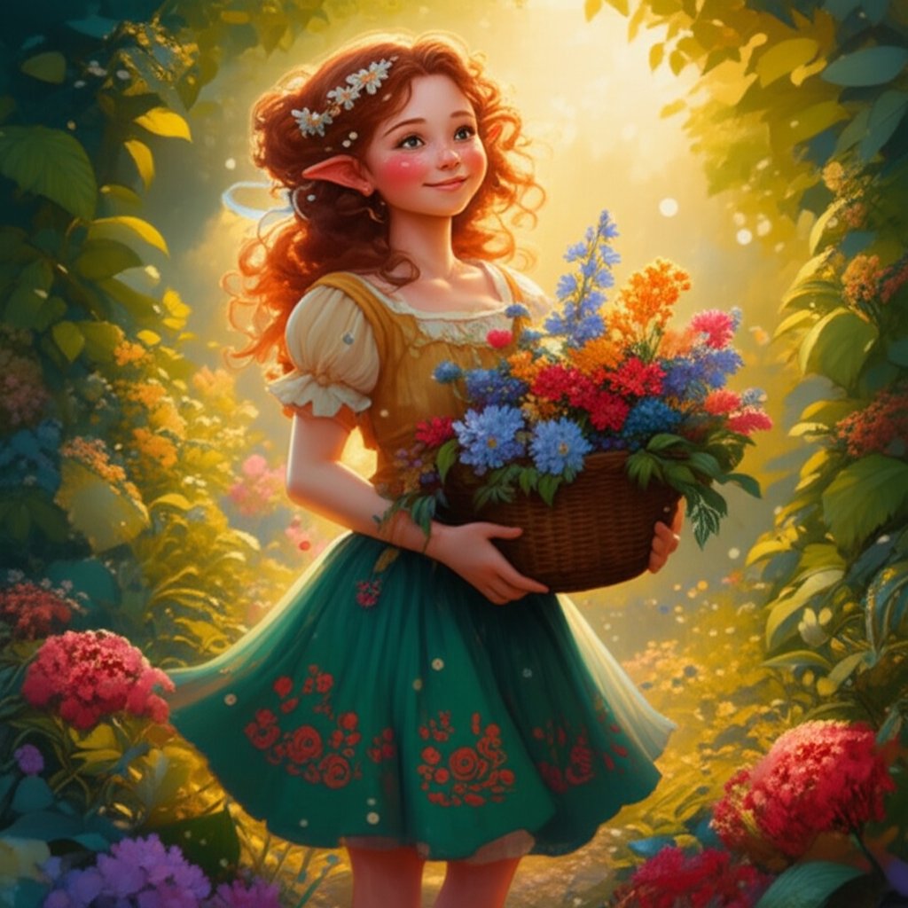 a female halfling in a vibrant garden embodying traditional naming themes