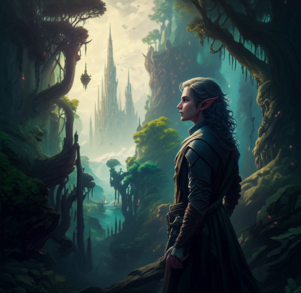 a half elf stands between elven heritage and the natural world reflecting unique lineage