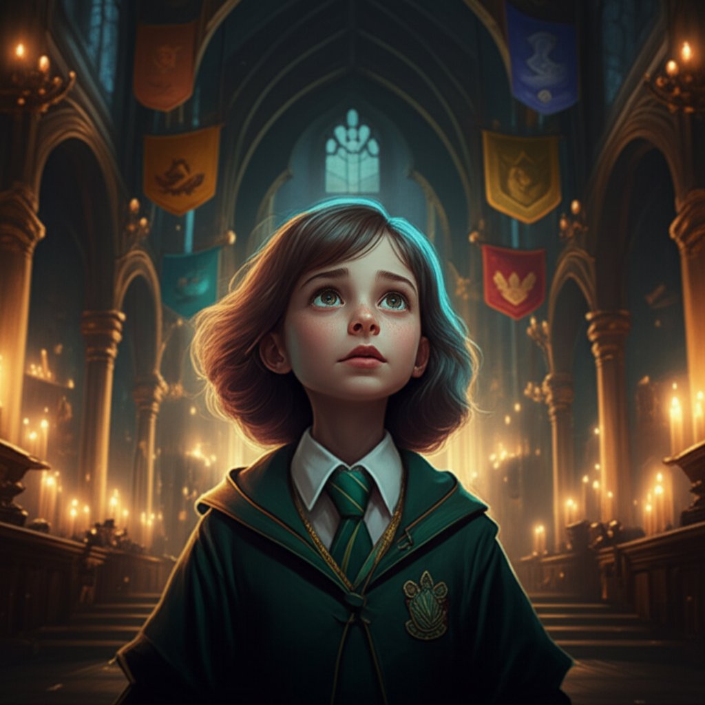 a hogwarts witch student with name banners capturing the spirit of creating a magical identity in the wizarding world