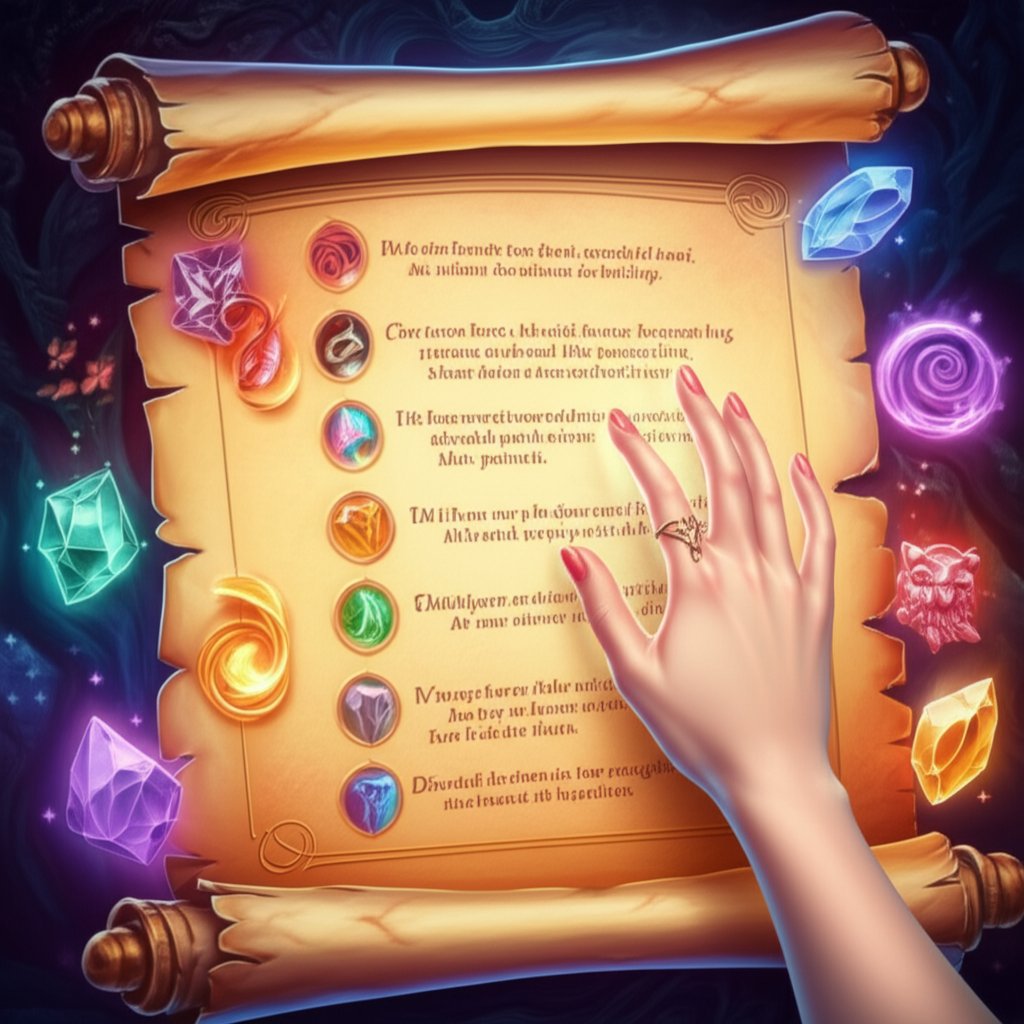 a magical quiz scroll with glowing choices illustrating the fun of discovering your witch name through interactive quizzes