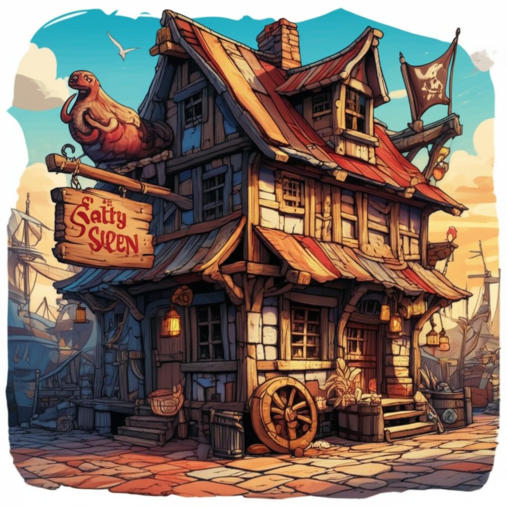 a pirate tavern in a bustling fantasy port featuring themed decorations and a bold sign