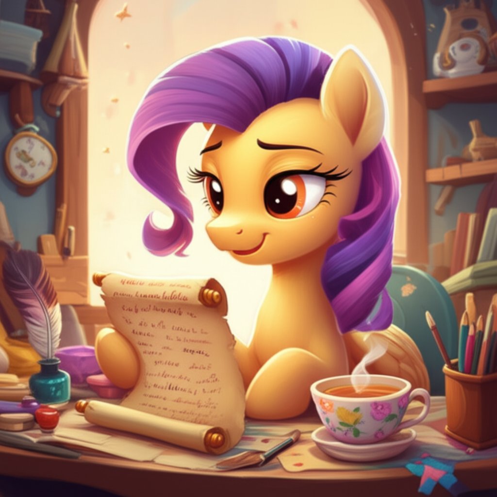 a pony character thoughtfully choosing the perfect name from a creative list