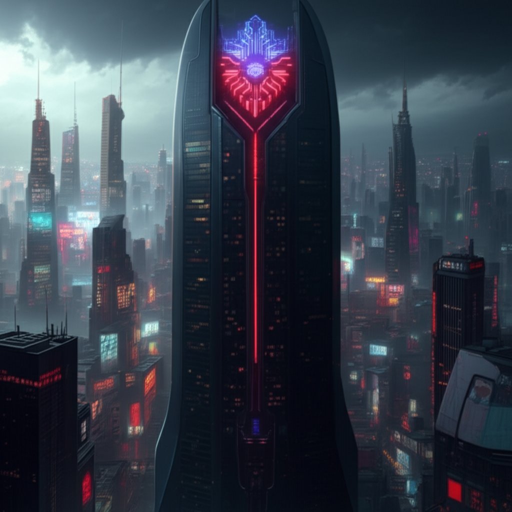a powerful megacorp headquarters dominating the cyberpunk skyline