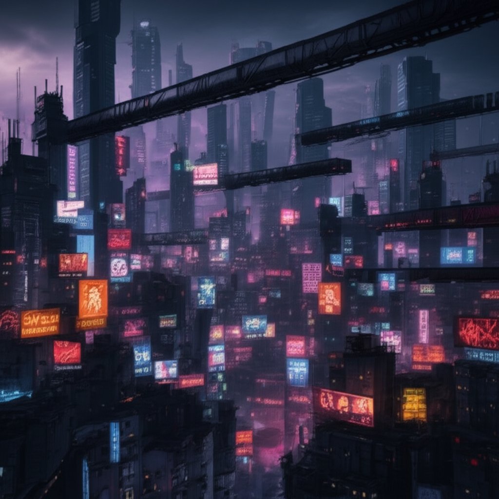 a sprawling cyberpunk cityscape with distinct districts and vibrant neon signage