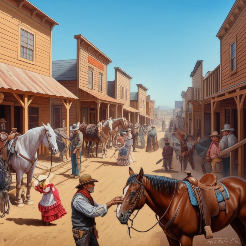 a vibrant frontier town and loyal cowboy steed