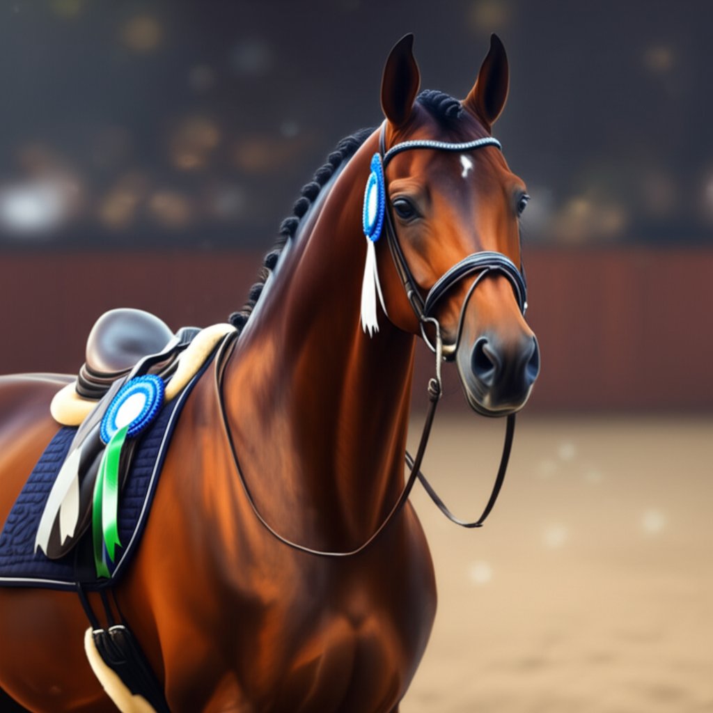 an elegant show horse stands poised in a graceful arena setting