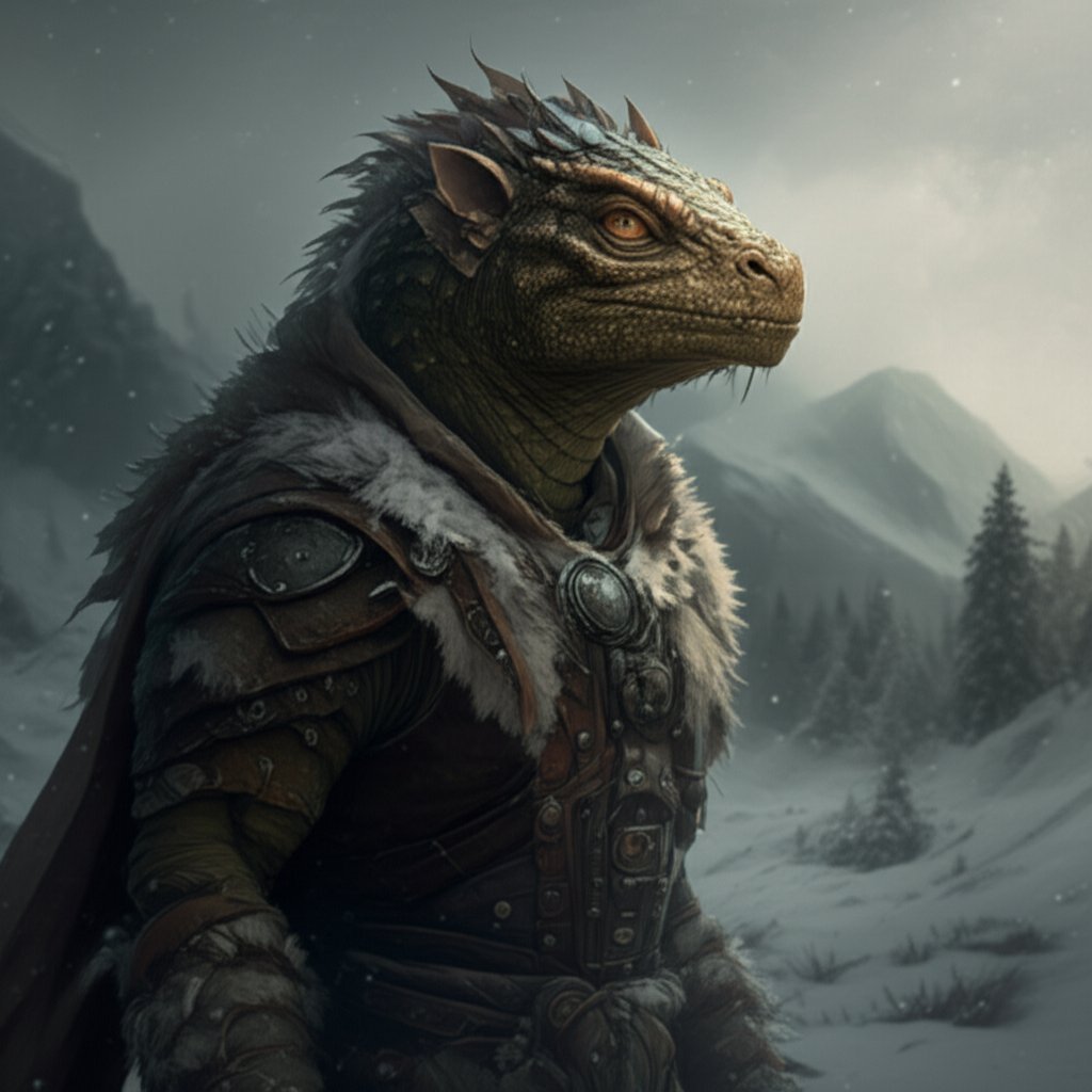 argonian adventurer traversing skyrim snowy wilderness