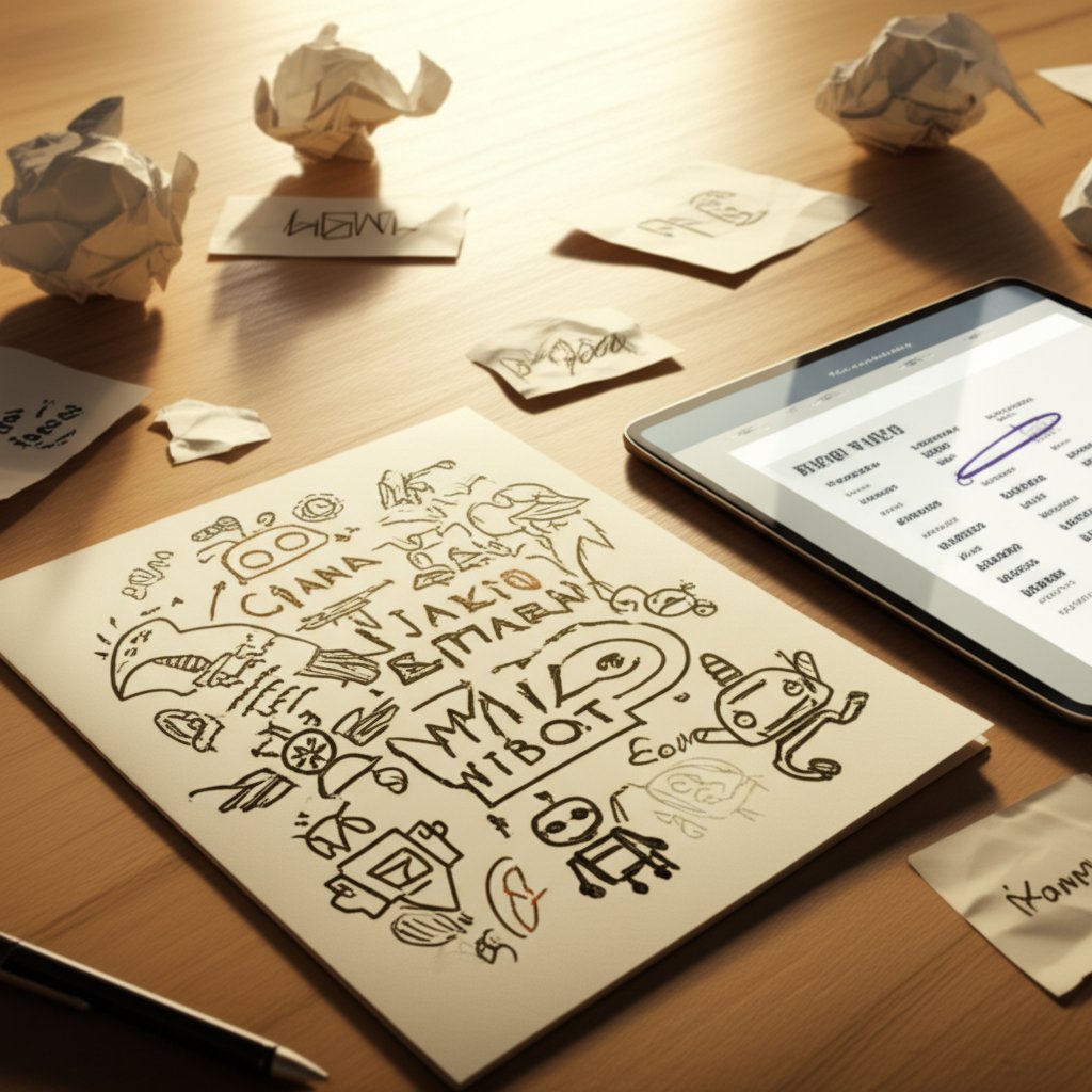 brainstorming creative robot names in a modern workspace