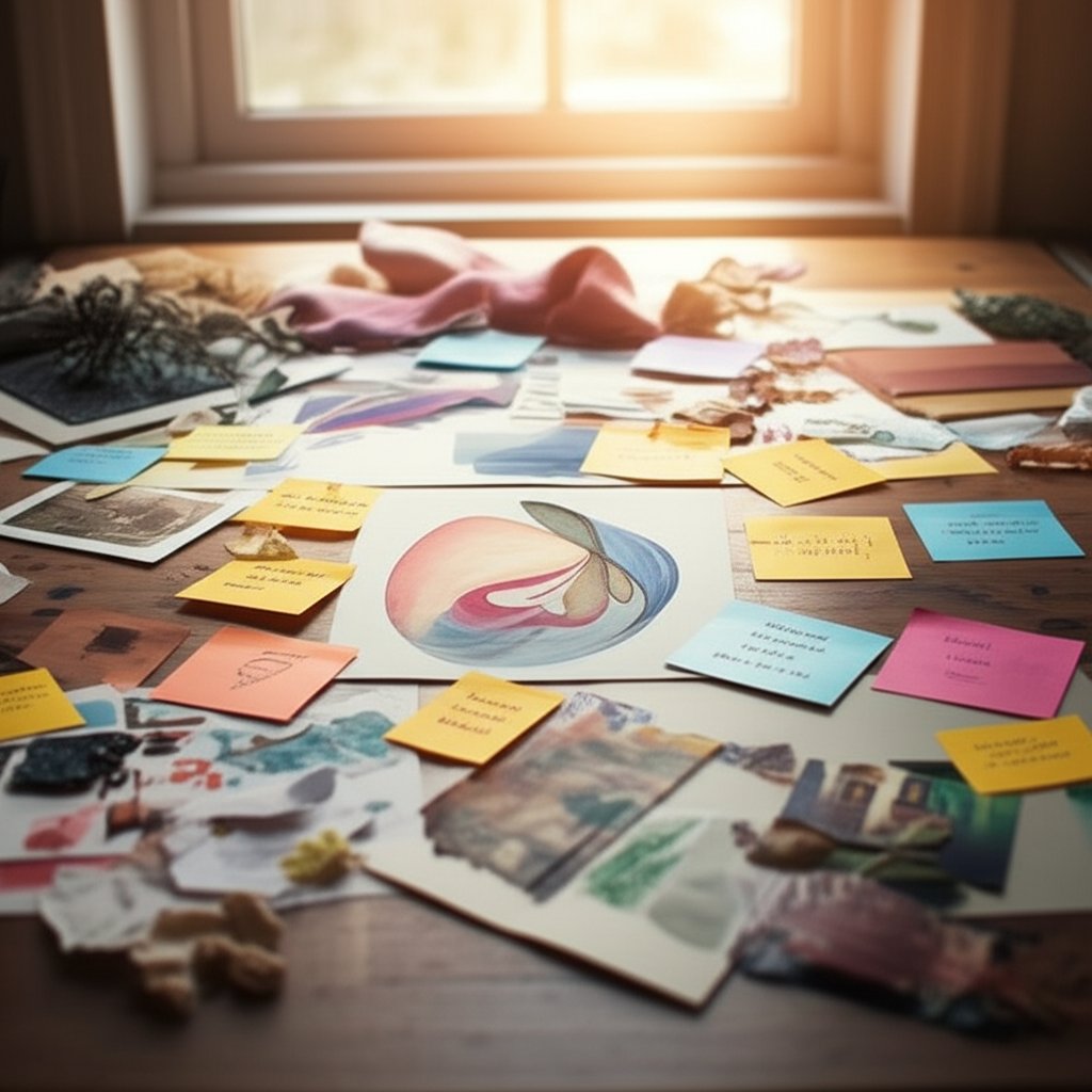 brand brainstorming for an etsy shop with keywords and creative inspiration in a cozy studio