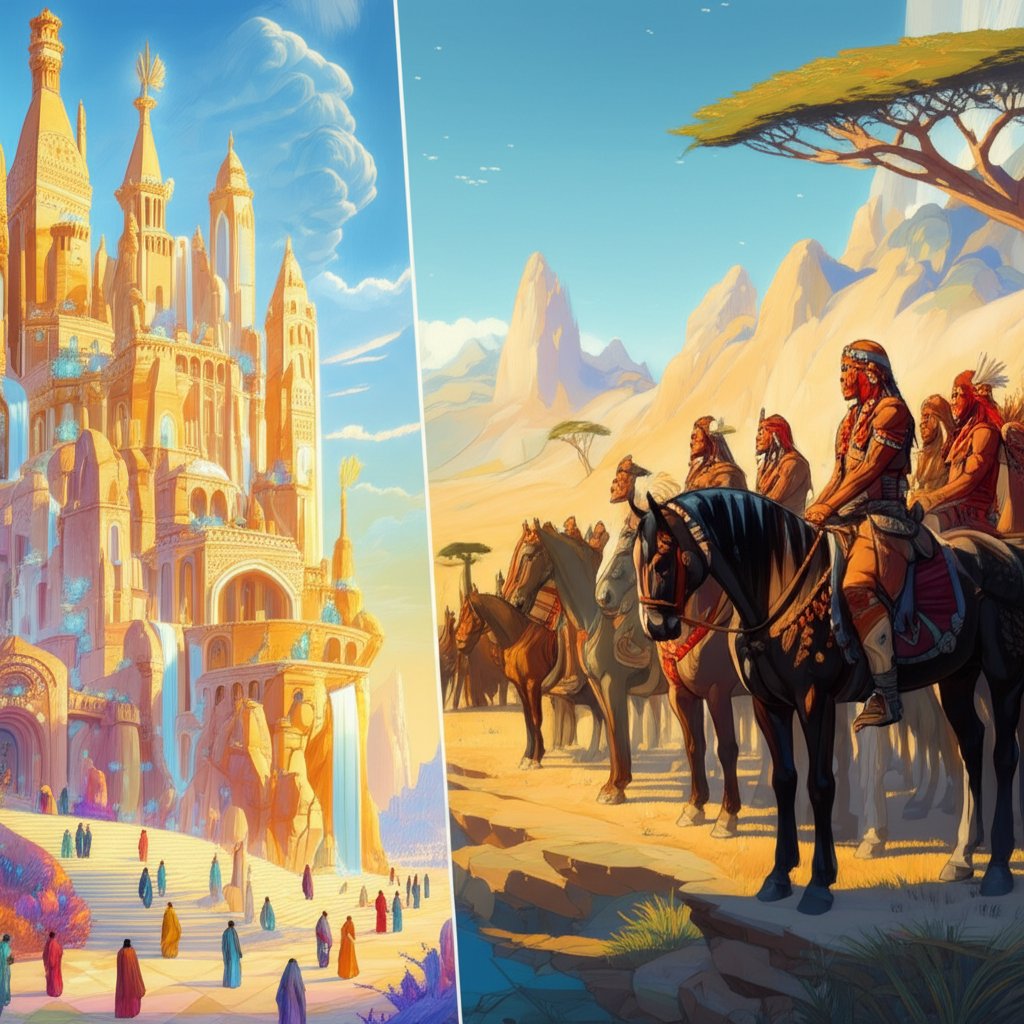 contrasting fantasy cultures inspired by different regions and traditions