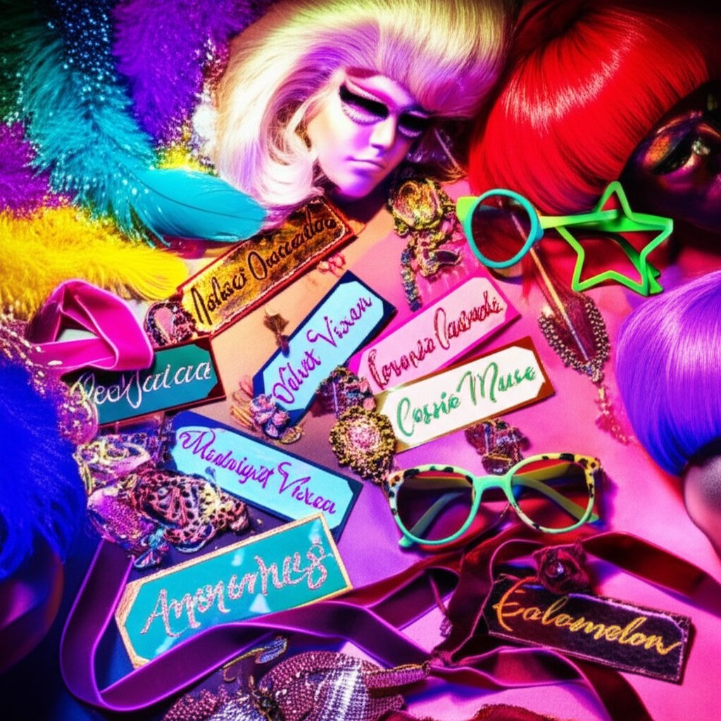 creative drag name brainstorming with colorful props