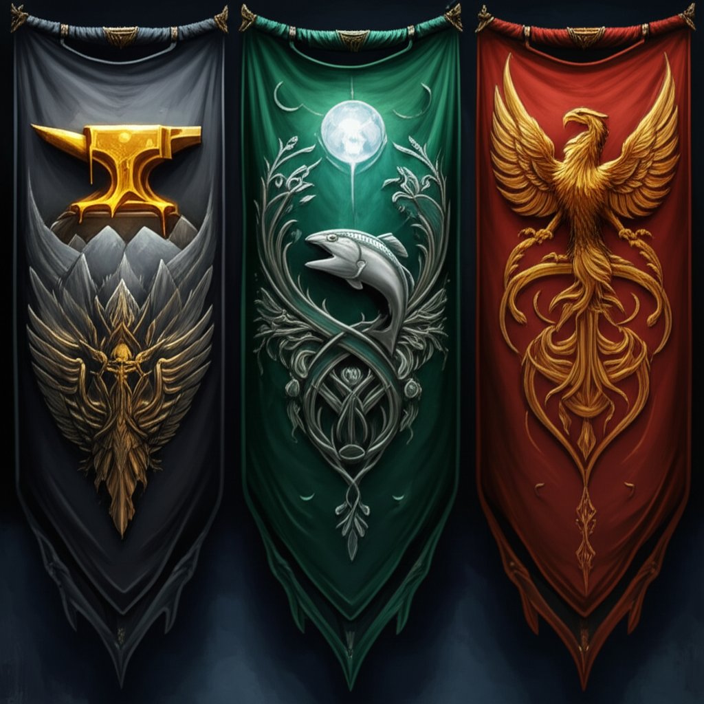 distinctive nation banners set in diverse fantasy landscapes symbolize memorable world building
