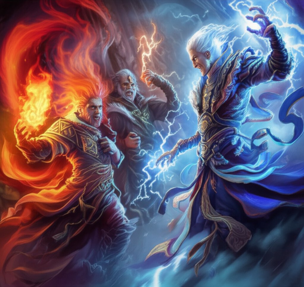 elemental mages channeling fire frost and lightning magic
