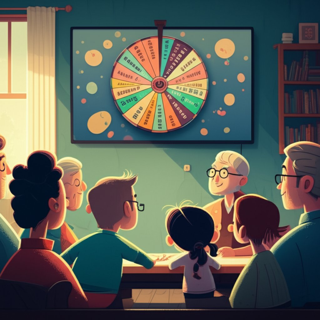 family making name selection a fun interactive event with a spinning name wheel
