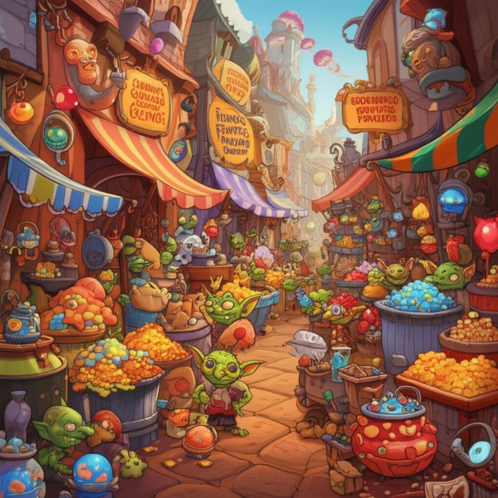 goblin merchants in a lively market each with inventive names and gadgets