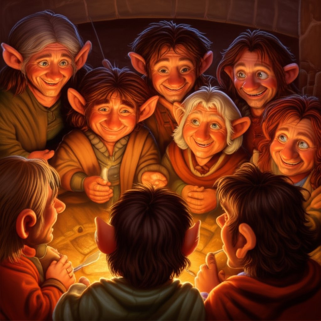 halflings exchanging stories and nicknames by the fireside