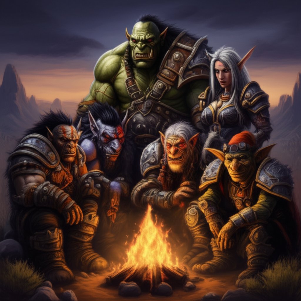 horde characters showcasing unique lore based names around a campfire