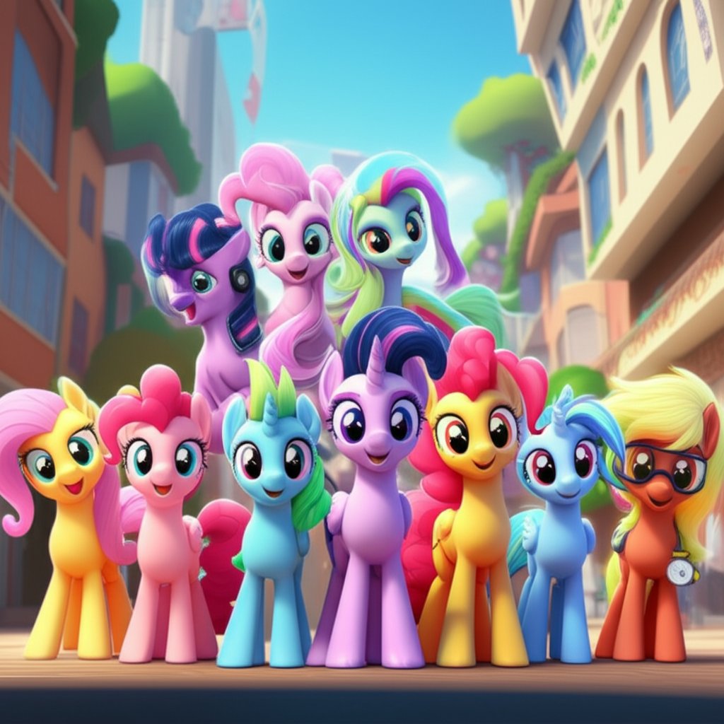 main characters from my little pony a new generation in a vibrant town scene
