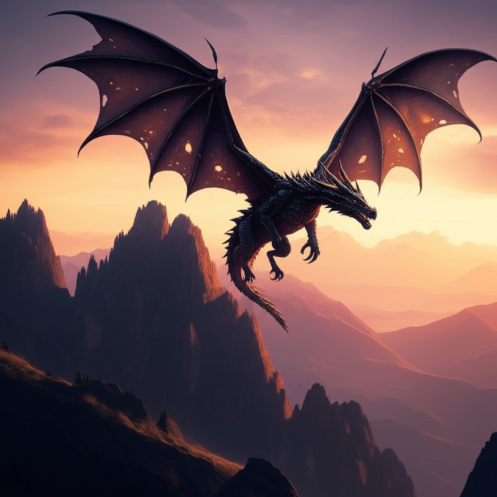 majestic dragon soaring above a fantasy landscape