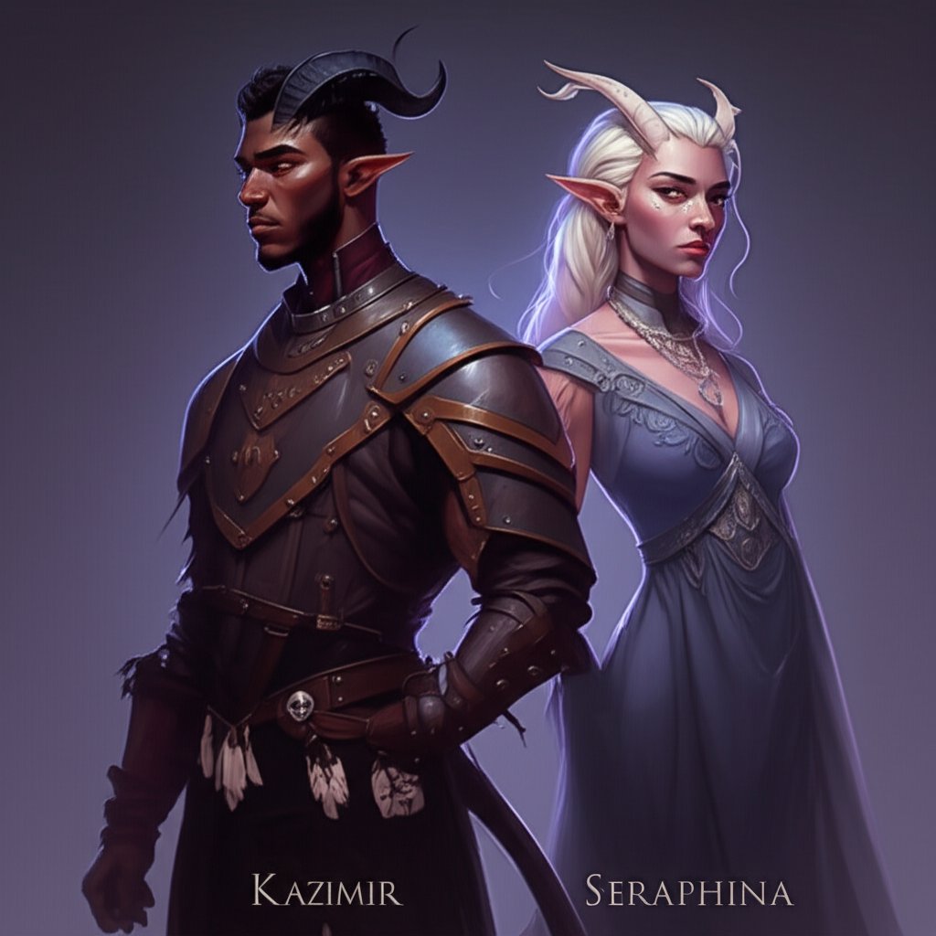 male and female tiefling characters each with names reflecting their unique identity