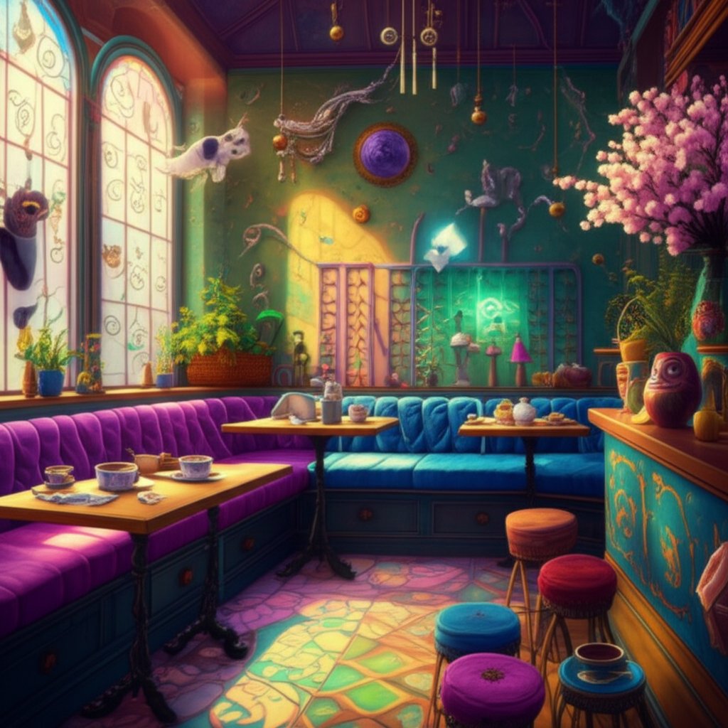 niche cafe interior blending cat fantasy and japanese themes