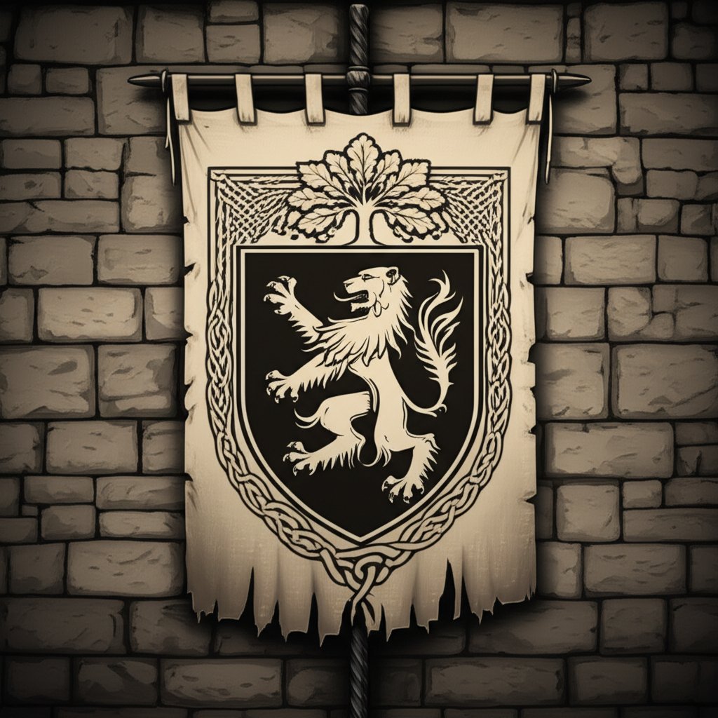 noble house crest and banner with symbolic motifs in a medieval setting