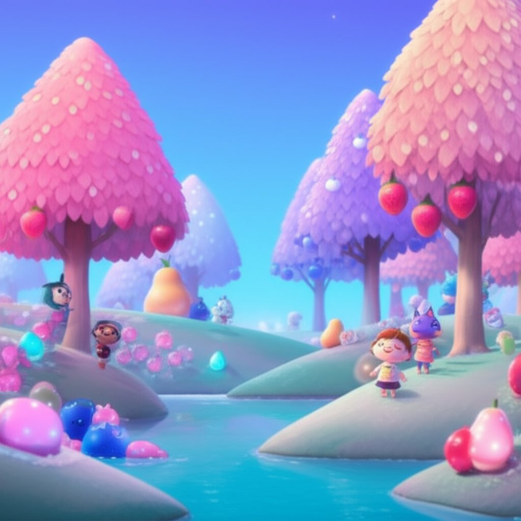 whimsical animal crossing island with cute villagers and pastel scenery