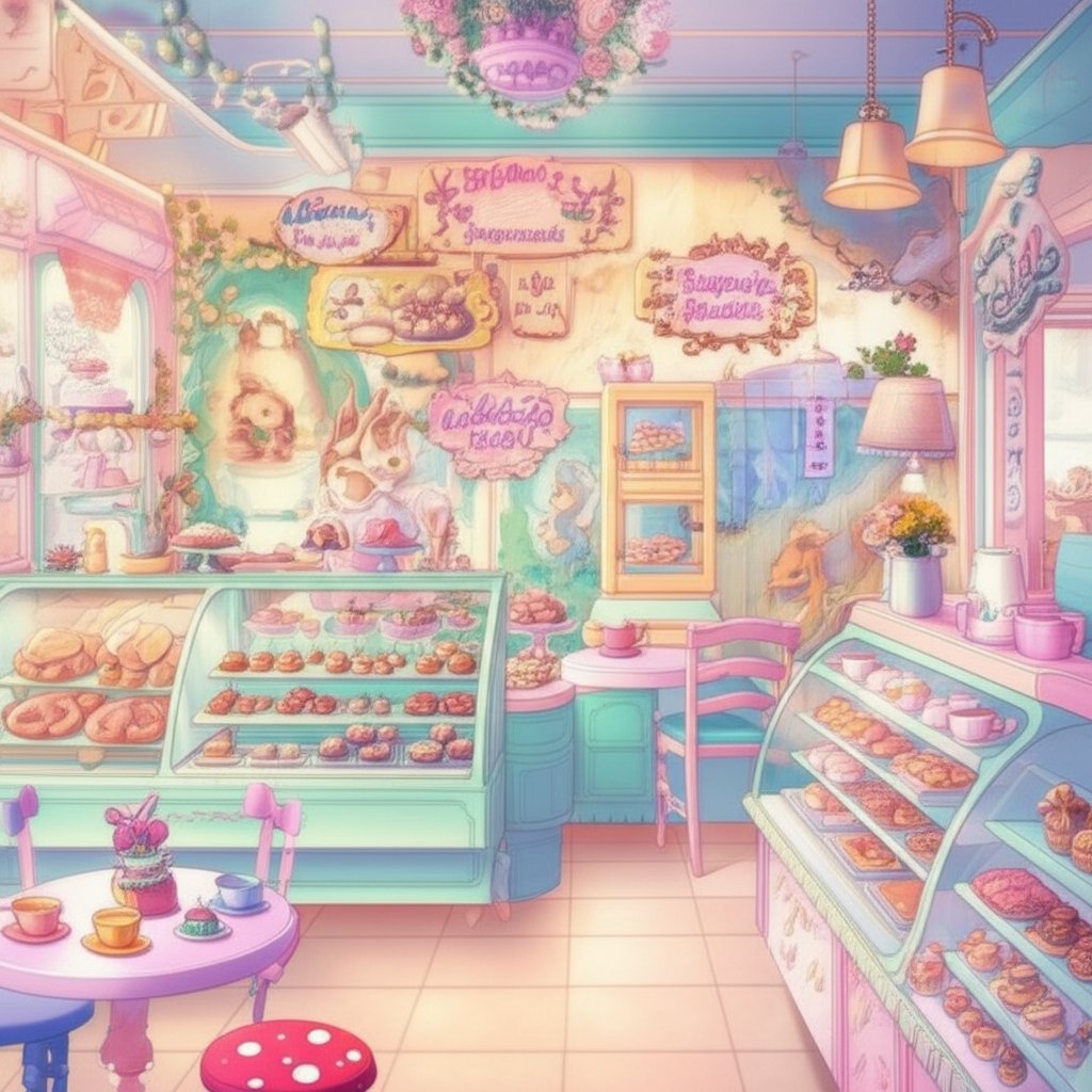 whimsical bakery interior with playful branding and signage