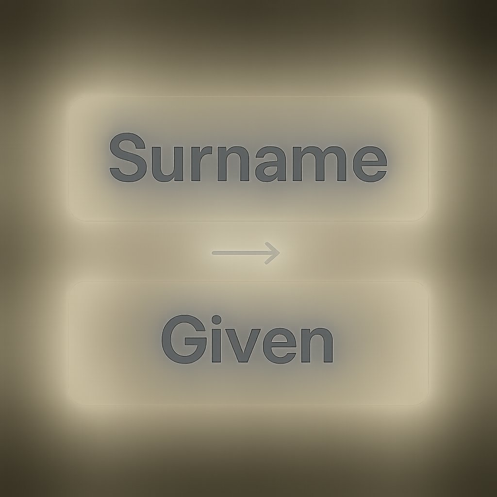 choose a fitting surname and use the standard surname + given order