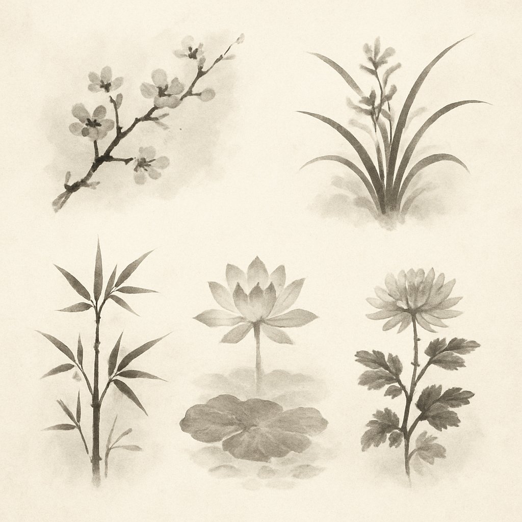 four gentlemen and lotus in classic ink wash style