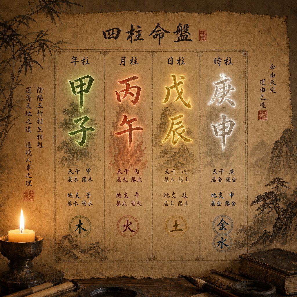 a bazi four pillars chart showing elemental energies distributed across year month day and hour columns