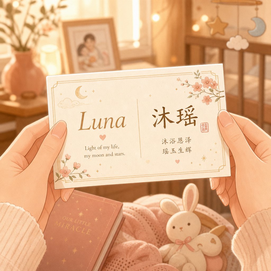 a bilingual baby name card blending chinese characters with english text symbolizing multicultural naming for diaspora families