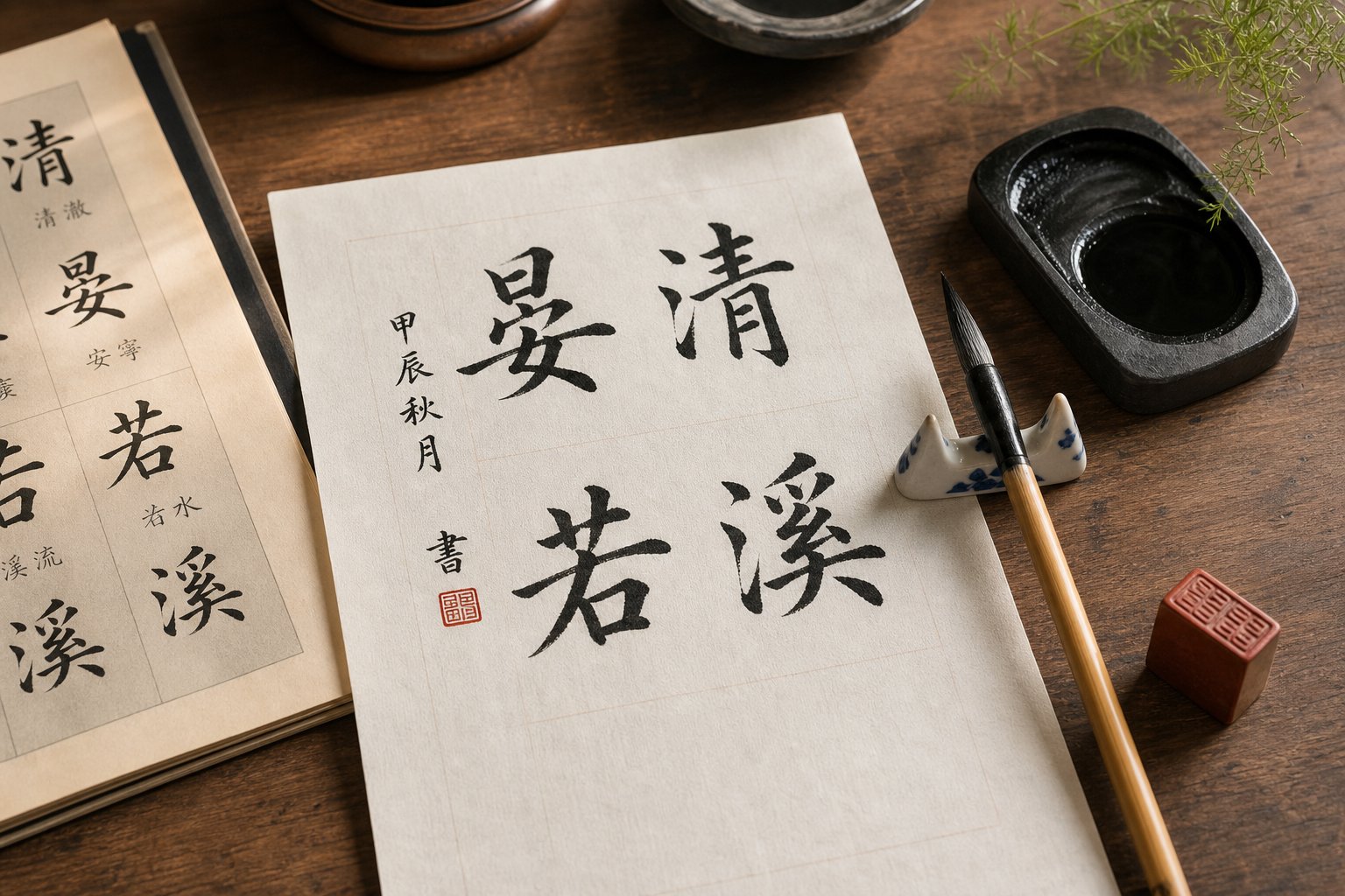 a calligrapher's workspace illustrating the careful process of combining individual characters into harmonious dog year names