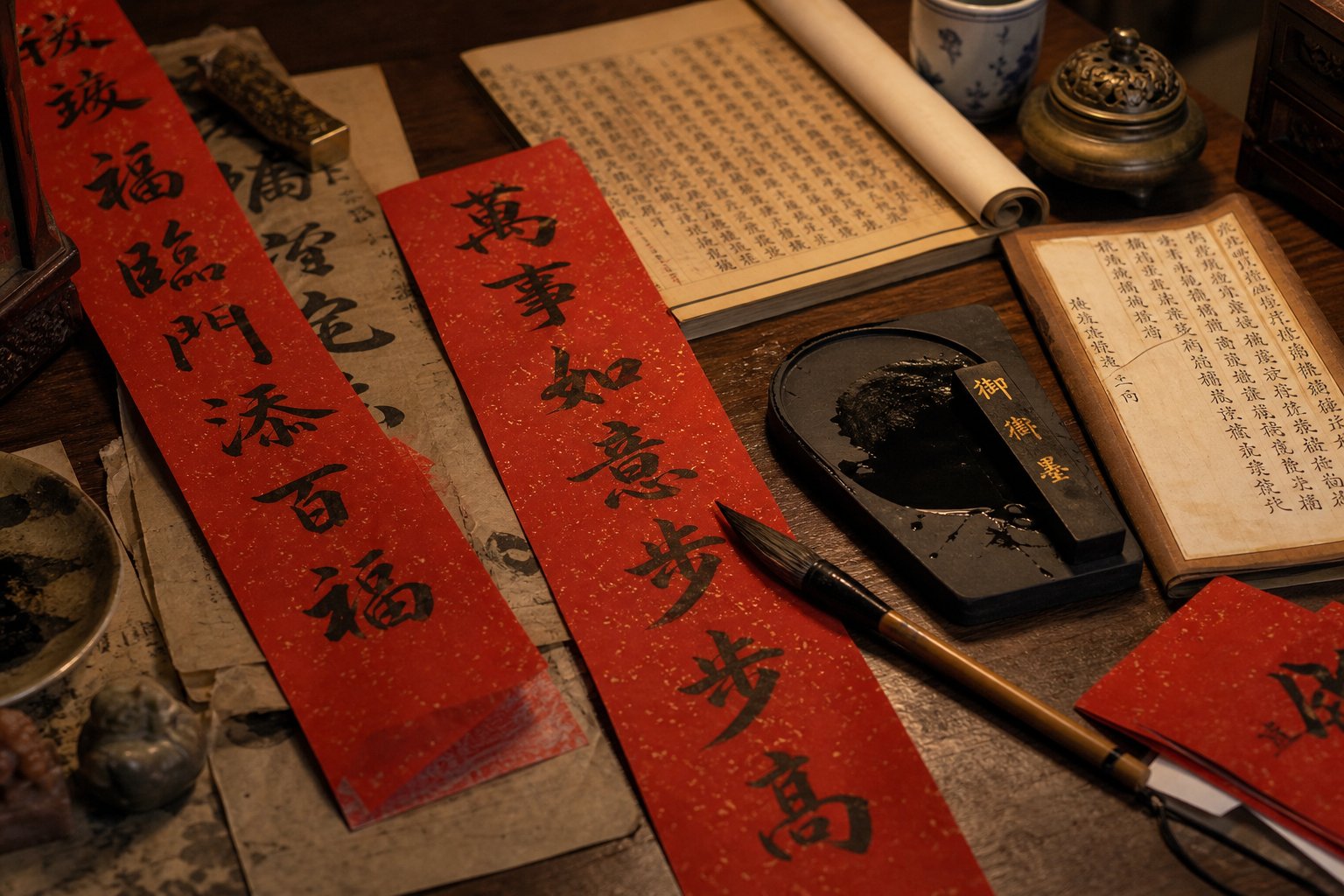 a calligrapher's workspace prepared for selecting and writing auspicious pig year characters