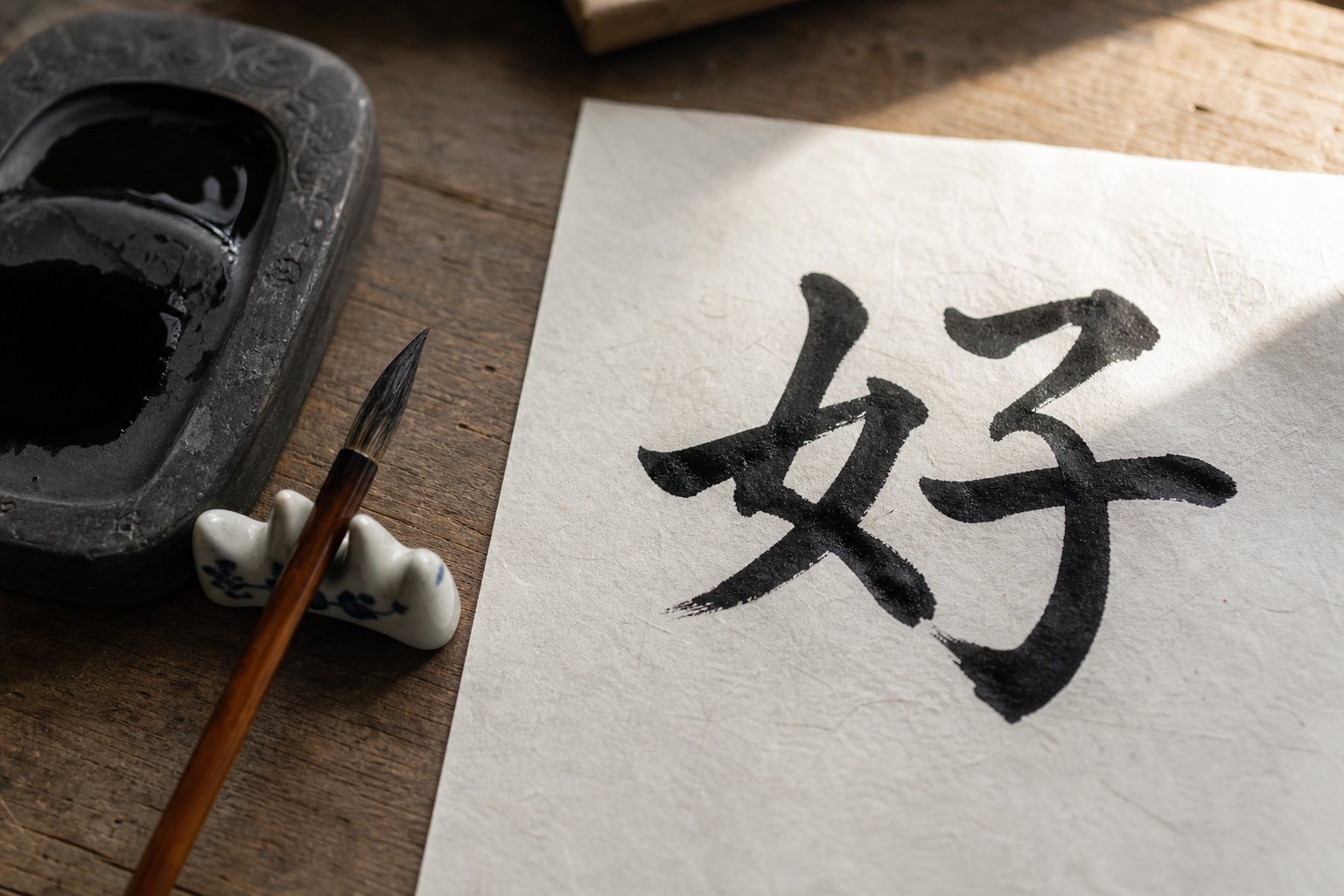 a calligraphy workspace with the character 好 freshly written in running script style