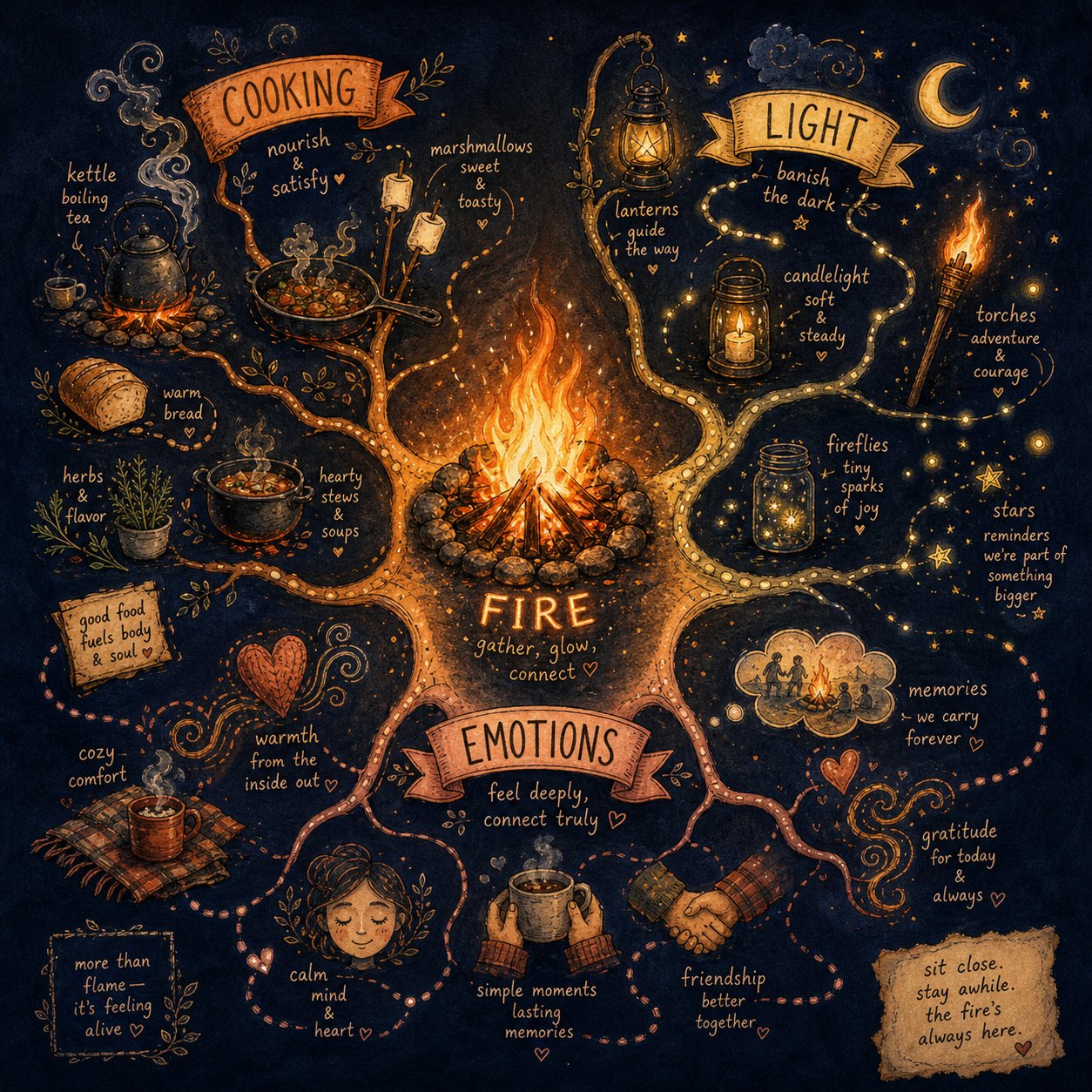 a character map concept with fire at the center branching into meaning categories