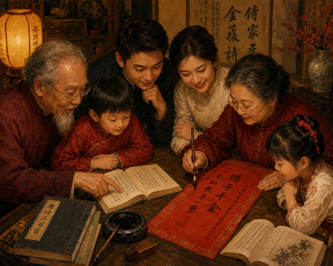 a chinese family collaborating on naming traditions reflecting the cultural weight and collective care behind choosing a child's name