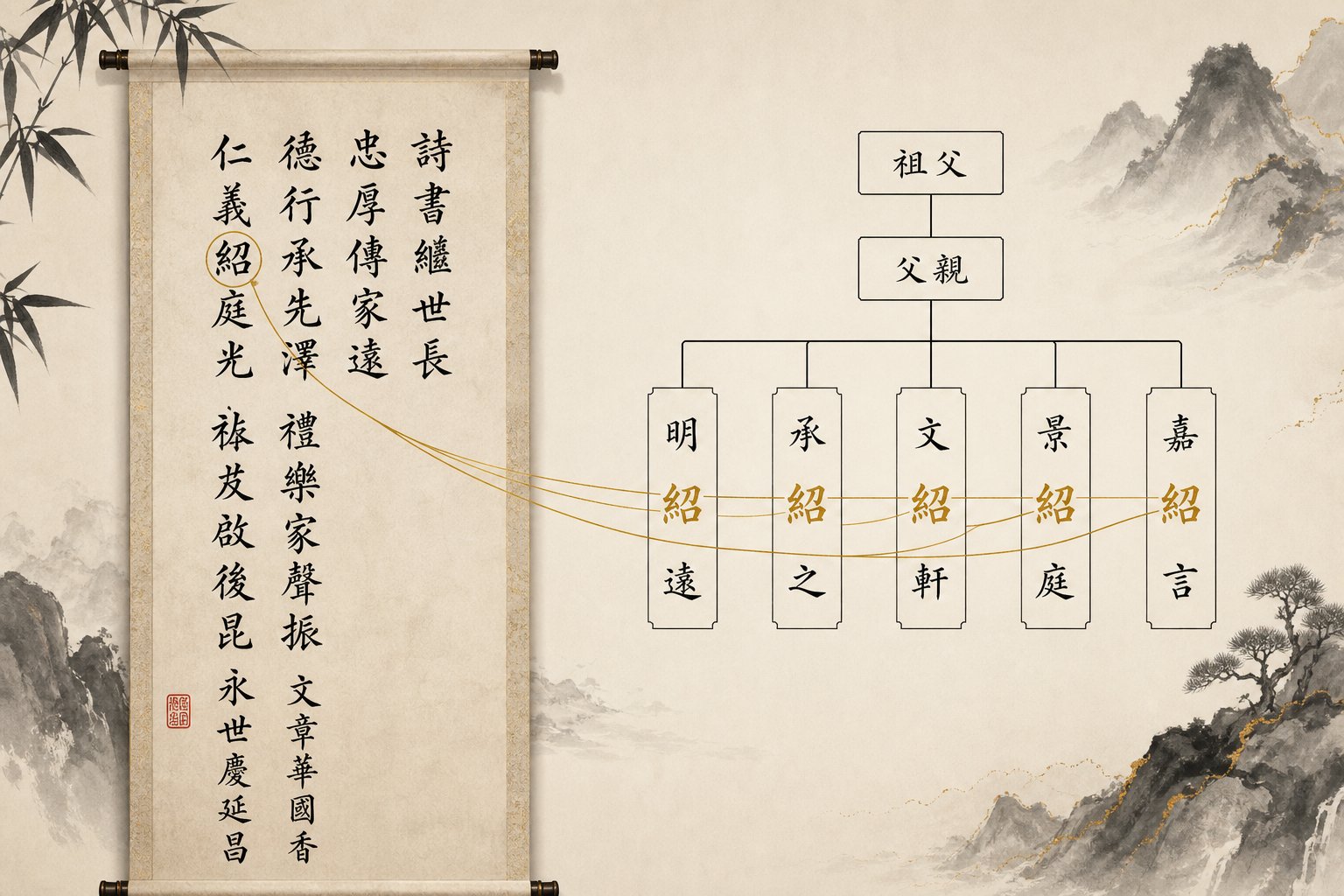a chinese generational poem (zibei) showing how shared characters in names connect family members across the same generation