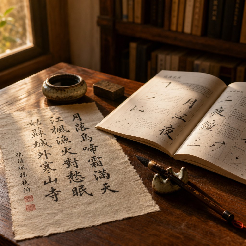 a completed calligraphy piece alongside study materials representing the ongoing journey from beginner to skilled practitioner